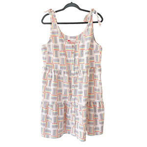 Oversized Linen Cotton Sundress Striped Rainbow Print Button Front Pockets L‎